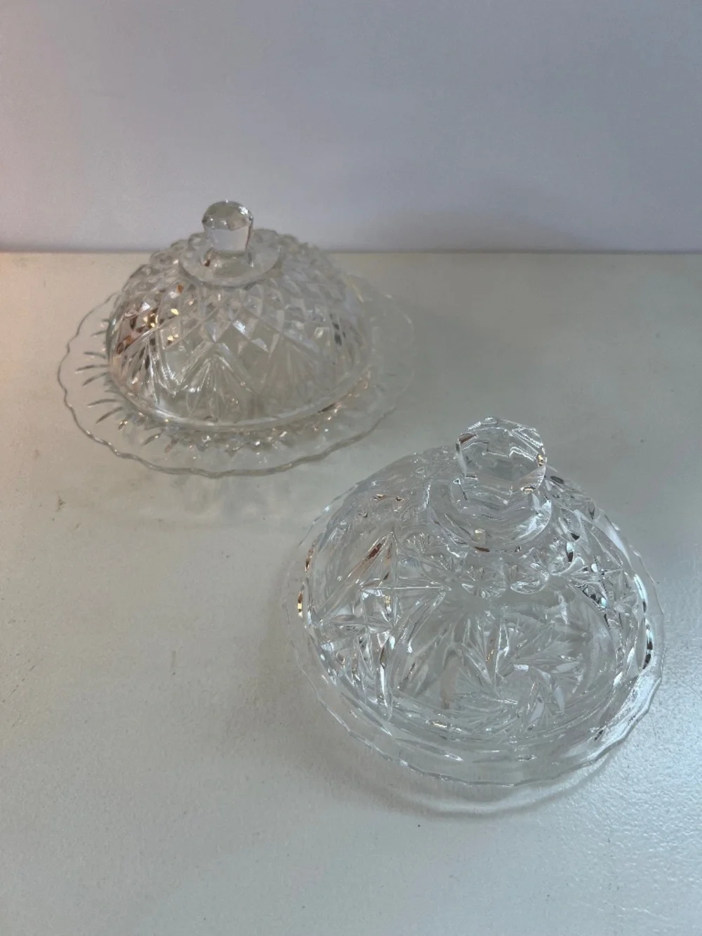 Set of 2 Different Vintage Clear Glass Covered Butter or Cheese Dishes